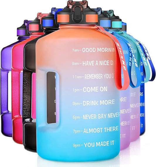 1 Gallon Motivational Sports Water Bottle with Time Marker, BPA Free 128oz Leak Proof Jug, Black, Plastic, 128 ounces, Fitness, Sports, Outdoor Activities