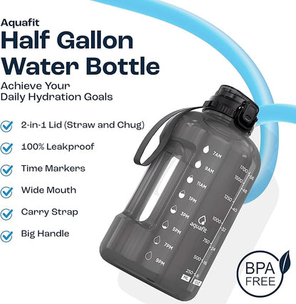 AQUAFIT Half Gallon Water Bottle with Time Marker - Straw & Chug Lid - BPA Free Gym Water Bottle with Straw - Big Gallon Jug (Lilac, 64 oz - 2in1 Lid)