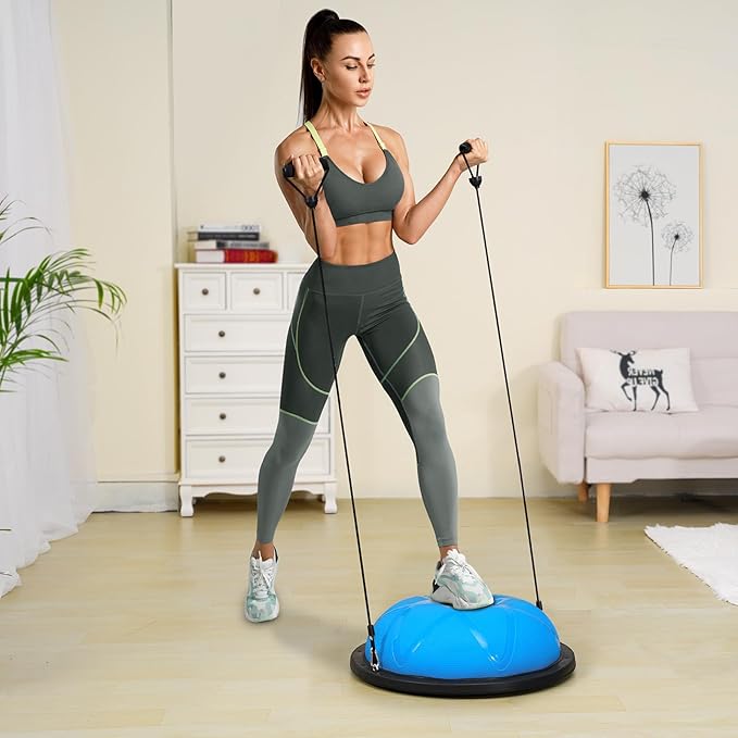 VEVOR Half Exercise Ball Trainer, 23/26 inch Balance Ball Trainer, 1500lbs Capacity Stability Ball, Yoga Ball with Resistance Bands & Foot Pump, Strength Fitness Ball for Home Gym Full Body Workout