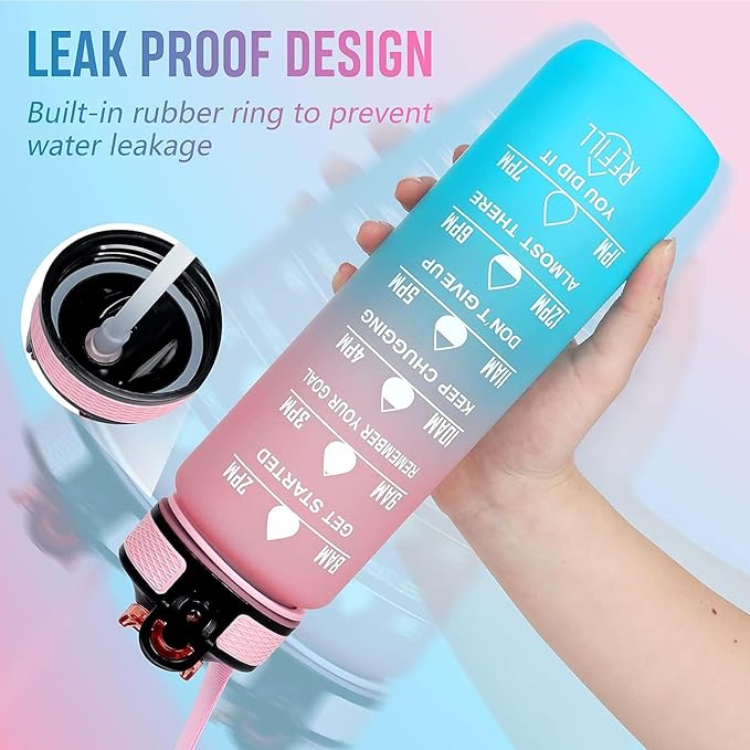 Floral Horse 32 oz Water Bottle with Times Marker to Drink and Straw, Carrying Strap, Leakproof BPA-Free, Ensure You Drink Enough Water for Fitness, Gym, Camping, Outdoor Sports
