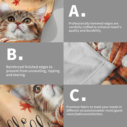 Hello Fall Hand Towel Autumn Cat Maple Leaves Kitchen Towels Set of 2 Soft Absorbent Face Towels Cute Animal Orange Leaves Small Bath Towel for Home Bathroom Hotel Spa Gym 14.4"x 28.3"