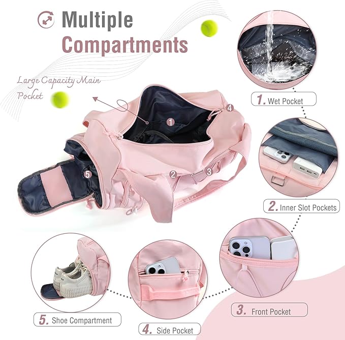 MOSISO Gym Bag for Women, Travel Duffle Weekender Overnight Workout Carry on Small Tote Sport Gym Duffle Bag with Shoe Compartment&Wet Pocket&Water Bottle Holder for Fitness, Yoga, Weekend, Pink