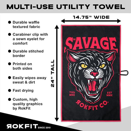 RokFit Gym & Golf Towel – Multi-Use, Quick-Dry, Durable Utility Towel with Bold Graphic and Carabiner Clip (Be Savage)