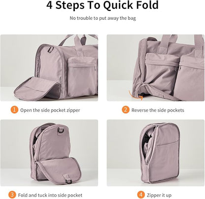 Aji Foldable Travel Duffel Bag for Women with Shoes Compartment, 3 in 1 Carry on Gym Bag with Removable Dry Wet Bag, Lightweight&Water Resistant Duffel Bag for Travel,Sports&Workout, Soft Pink