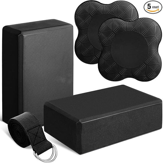 5 Pcs Yoga Blocks Knee Pads Yoga Strap Set Soft Premium Foam Blocks Accessories for Pilates Meditation General Fitness Stability, Kneeling, Balance, Deepen Stretches and Toning