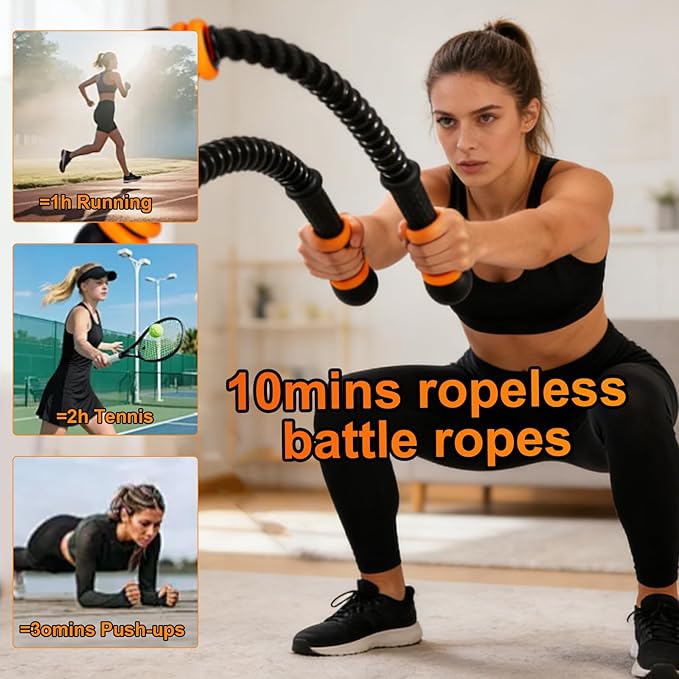Adjustable Ropeless Battle Ropes with Weights — Portable Cordless Home Gym Equipment for Men & Women, Quiet Low-Impact Full-Body Workout Tool, Ideal for HIIT, Cardio, Strength & Fat Burning (Black)