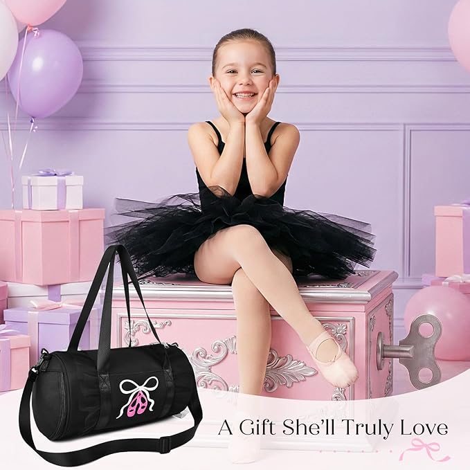 Dance Bag for girls, KUIRAN 8L Dance Duffel Bag with Separate Shoe Compartment Lightweight Water-resistant Sport Bag for Dance, Ballet, Gym, Travel - Black