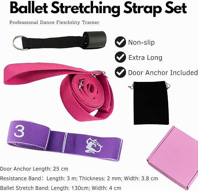 Danzcue Ballet Stretch Strap Set – Professional Dance Flexibility Trainer with Door Anchor, Extra Long Non-Slip Stretching Bands for Ballet, Jazz, Contemporary & Gymnastics