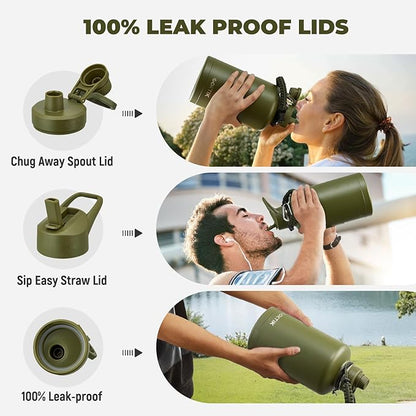 COKTIK 84oz Insulated Water Bottle - Stainless Steel Vacuum Metal, Portable ½ Gallon Large-Capacity Sports Bottle with Straw, Carry Bag and Handle Strap, Ideal for Gym & Hiking（Army Green)