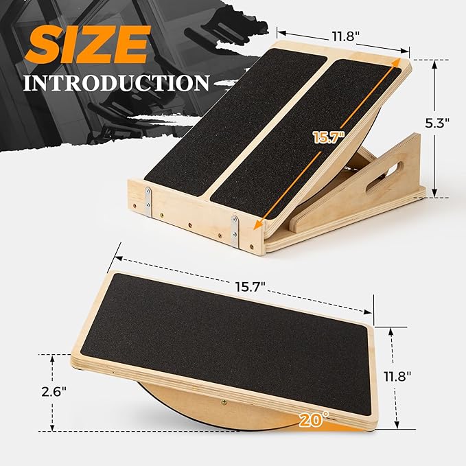 2-in-1 Wooden Balance Board with Adjustable Incline (15°–35°) – Slant Board & Calf Stretcher for Balance Training, Core Strength, and Ankle Mobility – Solid Wood, Non-Slip Surface, Ideal for Home Gym & Physical Therapy