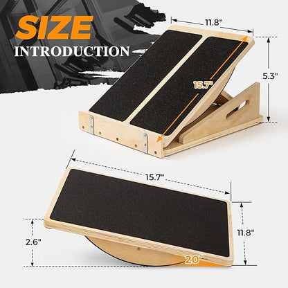 2-in-1 Wooden Balance Board with Adjustable Incline (15°–35°) – Slant Board & Calf Stretcher for Balance Training, Core Strength, and Ankle Mobility – Solid Wood, Non-Slip Surface, Ideal for Home Gym & Physical Therapy