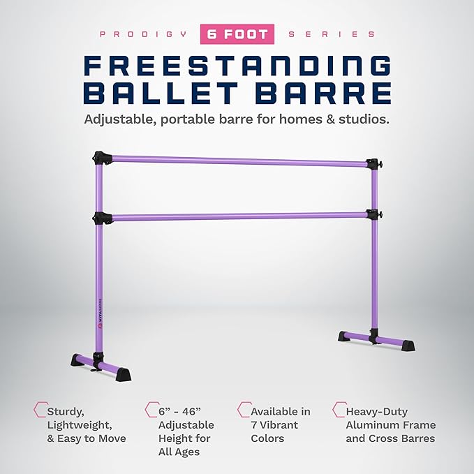 VITA Barre Portable Freestanding Double Ballet Barre, Prodigy, Aluminum | Adjustable Height, USA Made, Home or Gym Exercise Equipment for Kids & Adults | Dance, Fitness, Pilates