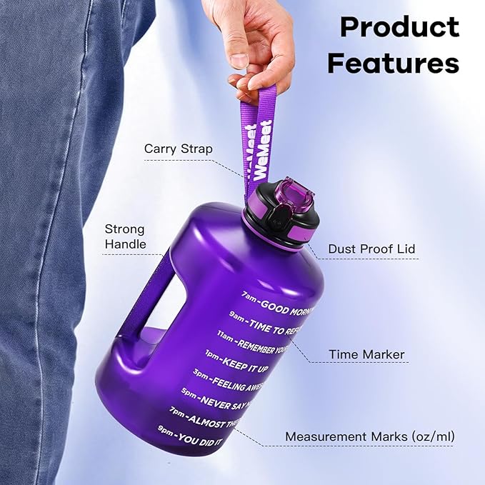 Leakproof Water Bottle Motivational with Straw & Strap, BPA Free, 128 oz Gym Water Bottle with Time Marker, Water Jug for Outdoor Enthusiasts (Purple Blue)