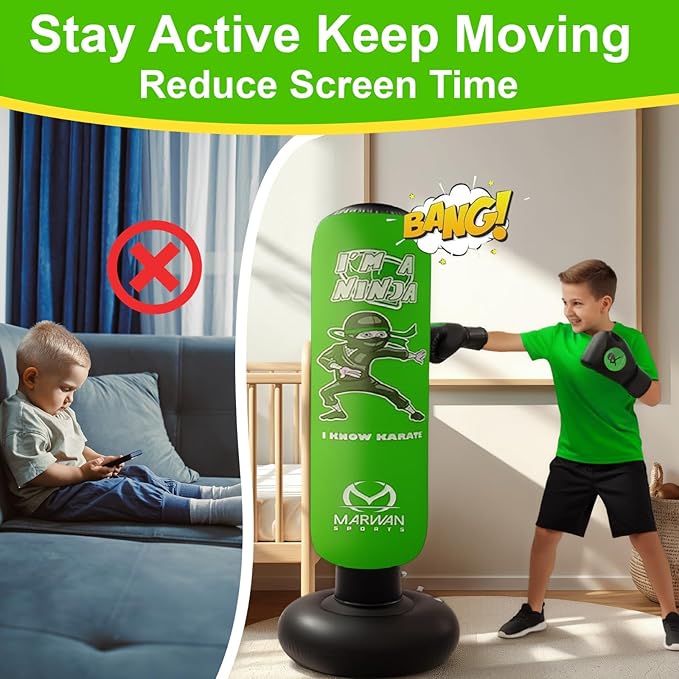 Marwan Sports Punching Bag for Kids with Boxing Gloves Ages 4-12 – 63" Inflatable Boxing Bag for Kids, Fast Rebound Set, Christmas & Birthday Gift for Boys & Girls