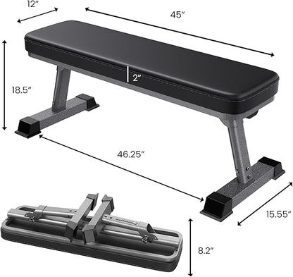 Finer Form Gym Quality Foldable Flat Bench for Multi-Purpose Weight Training and Ab Exercises - Free PDF Workout Chart Included
