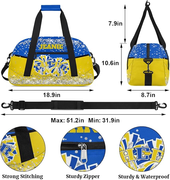 Personalized Cheer Gym Bags for Girls Kids Cheerleaders with Custom Name Sport Dance Perform Training Duffel Bags for Overnight Weekender Travel Blue Yellow