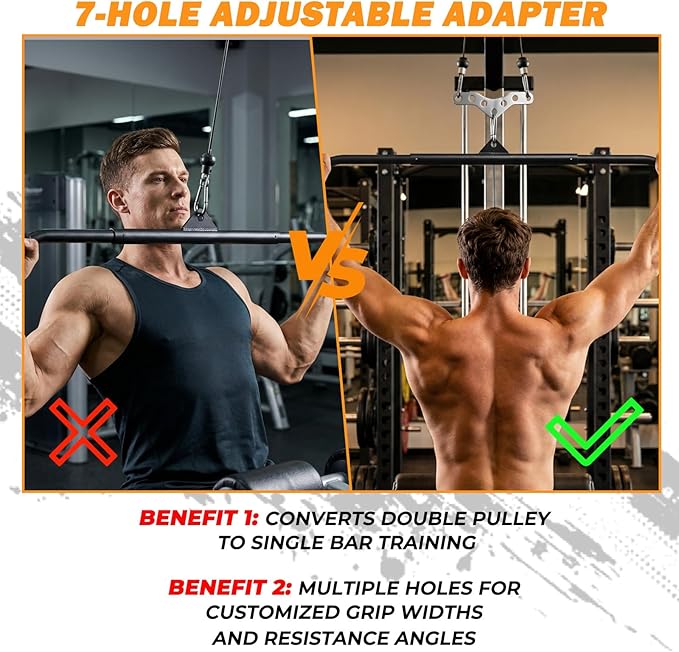 J Bryant LAT Pulldown Bar with Double to Single Cable Adapter Plate, 39" Detachable LAT Bar with 3 Carabiners for Home Gym Cable Machine, Pulley System Attachment for Back, Tricep & Row Training