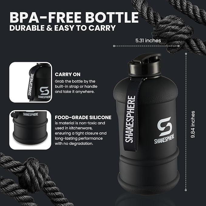 SHAKESPHERE Sports Water Bottle – 2.2L Wide Mouth Water Jug, Leakproof BPA-Free Gym Bottle for Men & Women, Great for Daily Hydration, Training, Travel, Outdoor Activities & Sports – Matte Black