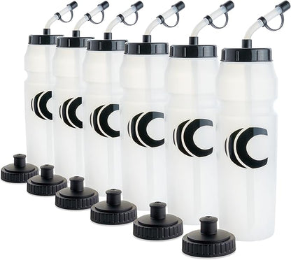 Cannon Sports 1 Liter Sports Water Bottle, BPA-Free, 34 Oz Capacity, Large Mouth, 2 lids (Straw and Squeeze), Great For Helmet Sports Such As Hockey, Lacrosse, Football, Boxing (6 Pack) (Clear)