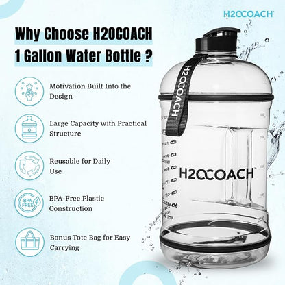 H2OCOACH 1 Gallon Hydration Jug with Time Marker & Measurements, BPA-Free Tritan Sports Drink Container, Motivational Daily Intake Tracker for Gym, Workout, & Fitness Routines (128 oz)