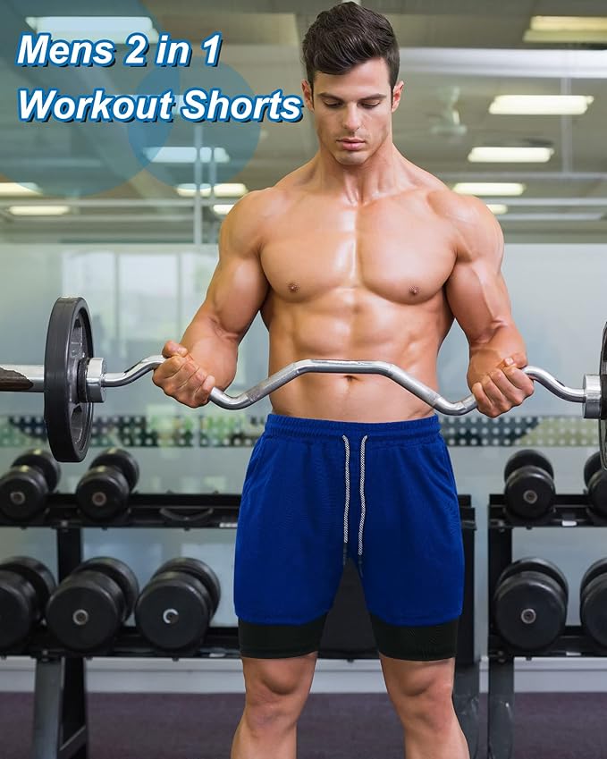 Sureio 3 Pcs Men's 2 in 1 Workout Running Shorts 5 Inch Quick Dry Athletic Gym Shorts with Liner and Side Pockets Towel Loop
