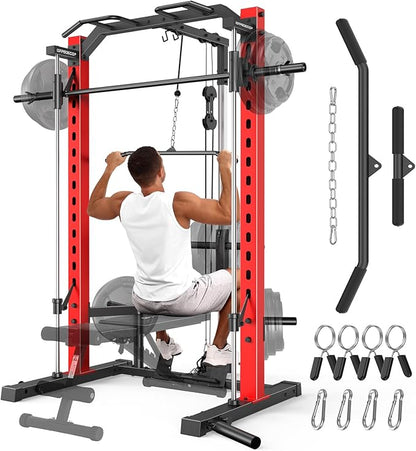 OPPSDECOR Smith Machine Power Rack for Home Gym - All-in-One Power Cage Squat Rack with LAT Pulldown, Cable Machine & Barbell Bar - Multi-Functional Strength Training Equipment