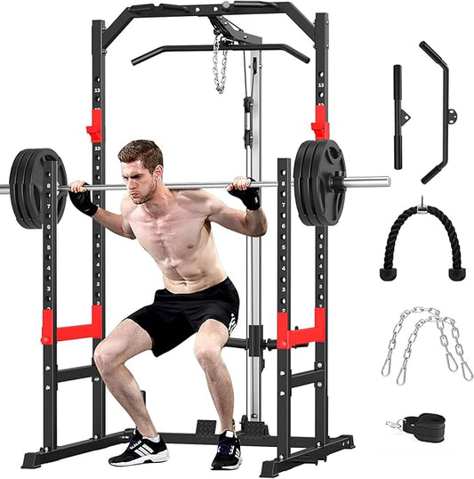 Power Cage, Multi-Function Power Rack with Pulley System Strength Training for Home Gym, Bench Press Squat LAT Pull-Down Pull-up Rowing, All in One Workout Cage