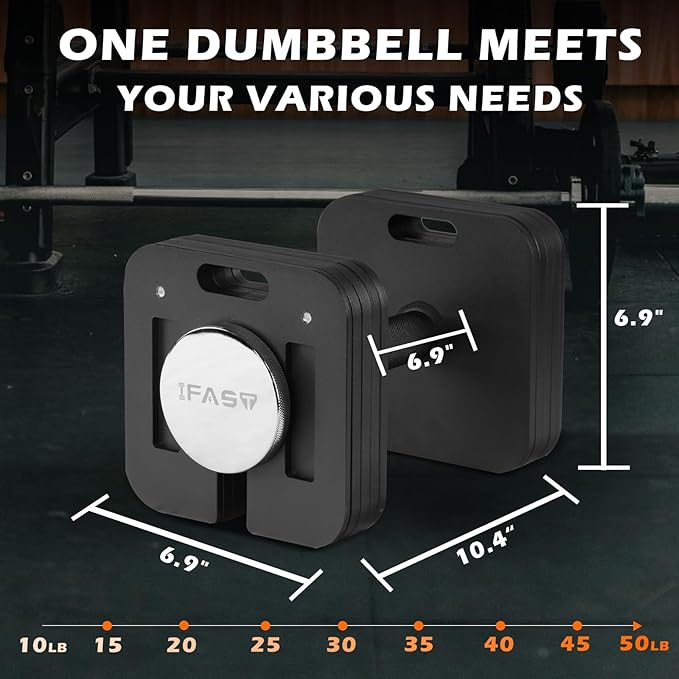 IFAST Adjustable Dumbbells 50LB Single Square Dumbbell 9 in 1 Free Weights for Multiweight Options Quick-Lock Adjustable Dumbbell Sets with Anti-Slip Steel Handle for Full-Body Home Gym Workouts