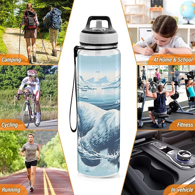 ALAZA Polar Bear Swim Winter Sports Water Bottle with Straw Tritan Drink Bottle 32 oz BPA Free Reusable for Travel Outdoor Fitness