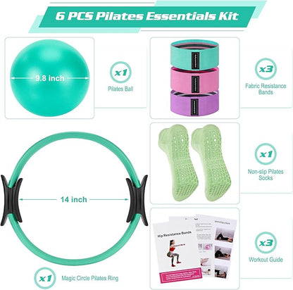 Pilates Essentials Kit for Home Women, Ring and Ball Set, Pilates Equipment for Workouts, 3 Resistance Bands, Grip Socks, 14 Inch Magic Circle, Mini Exercise Ball, Great Exercise Equipment