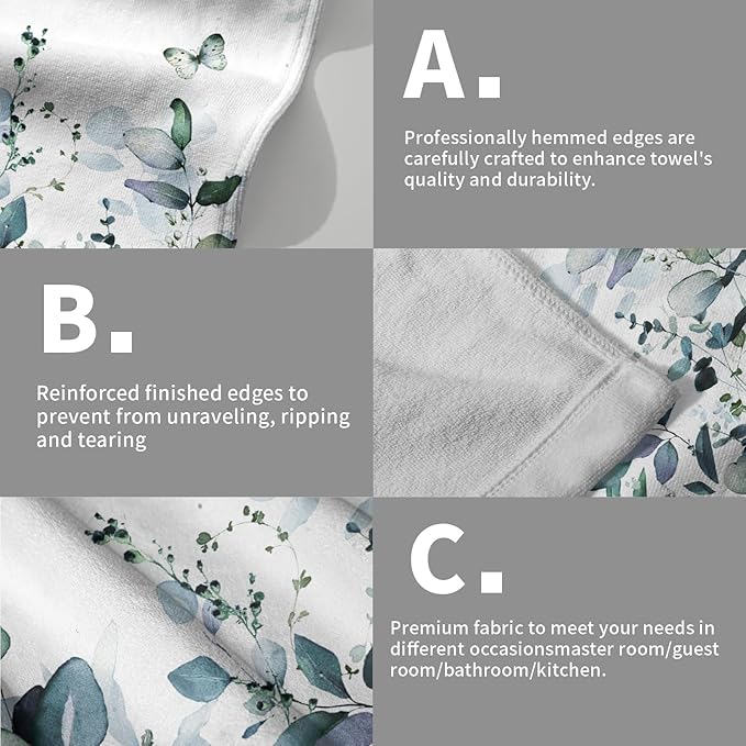 Dark Turquoise Eucalyptus Leaves Hand Towels Spring Turquoise Blue Botanical Fingertip Towel Set of 2 Watercolor Plant Butterfly Dragonfly Kitchen Dish Towels Decorative Bathroom Towels for Bath Spa