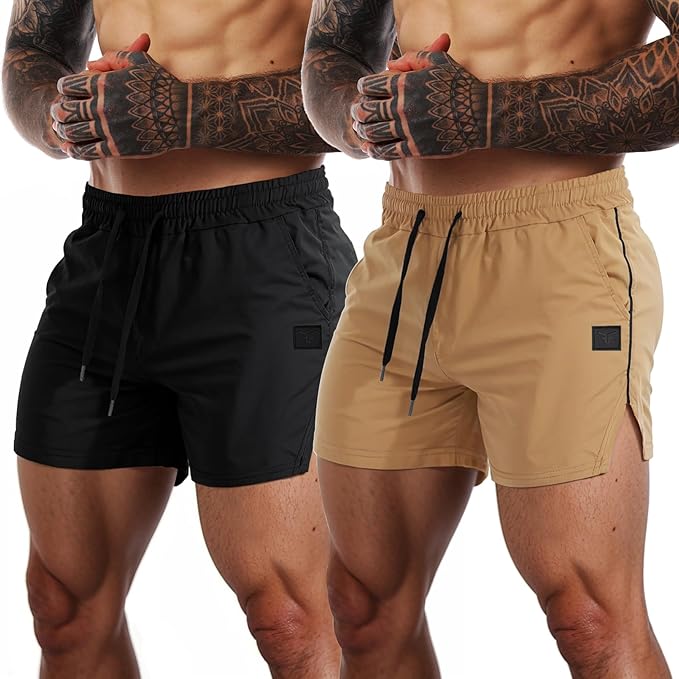 FLYFIREFLY Men's Gym Workout Shorts Quick Dry Lightweight Athletic Shorts Running Bodybuilding Training with Towel Loop