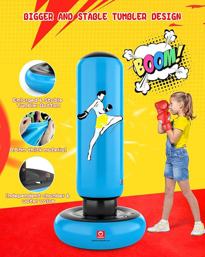 QPAU Kids Punching Bag Toy with Boxing Gloves, 66 Inch Larger Stable Kids Inflatable Boxing Bag Set, Gifts for Boys & Girls Age 6-12, for Practicing Karate, Taekwondo, MMA