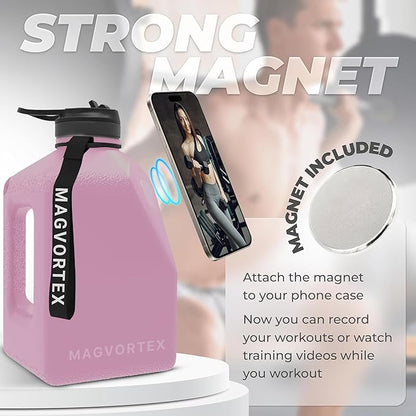 91oz Gym Daily Water Bottle Pink – Large BPA-Free PETG Jug with Magnetic Plate Phone Mount, Leakproof Flip-Top Lid, Wide Mouth for Ice, Straw, Carry Strap, Stable Base, Time Marker