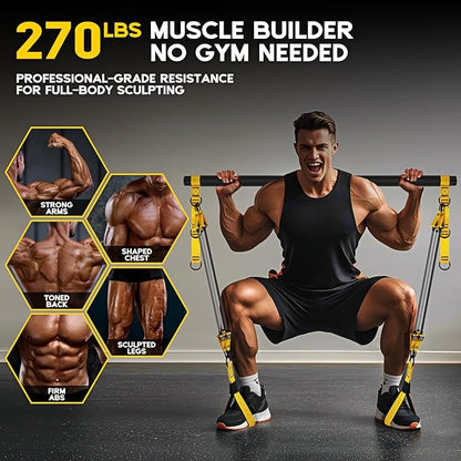 Pilates Equipment, Portable Pilates Bar Kit with Resistance Bands, Professional Adjustable Heavy Duty Squat Workout Equipment for Men, Home Gym Muscle Strength Training, Full Body Exercise
