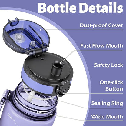 OLDLEY 25 oz Water Bottle, Motivational Water Bottle with Time Marker, Sports Water Bottle With Strap, Leakproof & BPA Free Large Water Bottles for School, Gym, Travel, Outdoor, Tritan,Purple