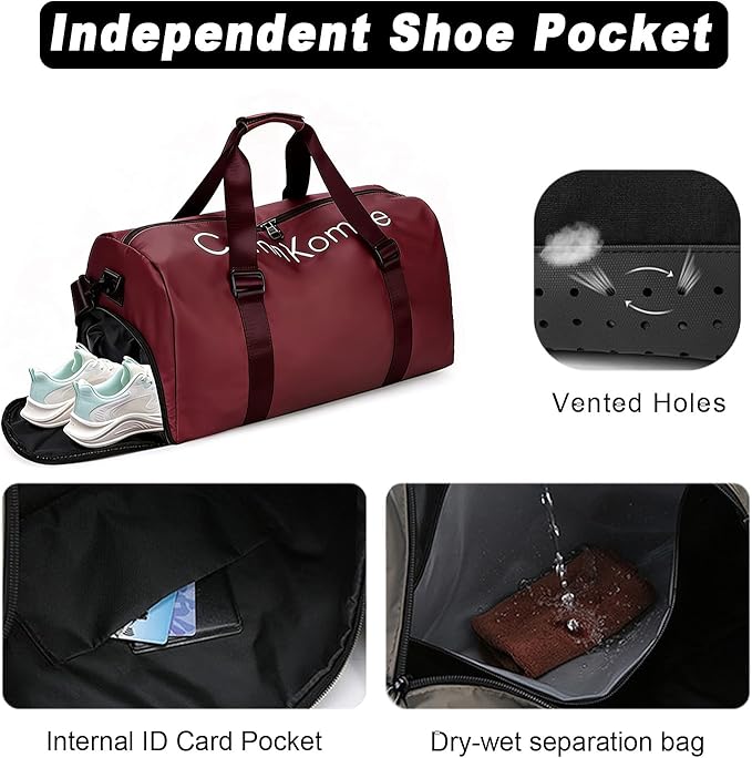 Gym Bag for Men Women Waterproof Duffle Bag with Shoes Compartment and Wet Pocket Multipurpose Sports Weekender Bags for Travel, Sports, Fitness and Workout,Red