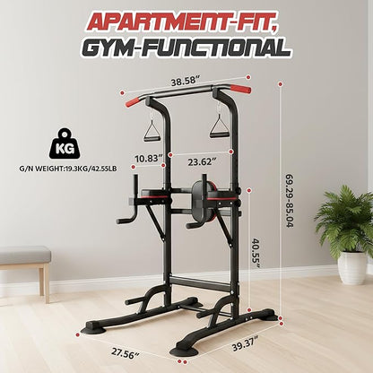 Power Tower Pull Up Bar Free standing with Resistance Bands, 350LBS Heavy Duty Alloy Steel Dip Station for Home Gym Strength Training, Adjustable Height Workout Equipment