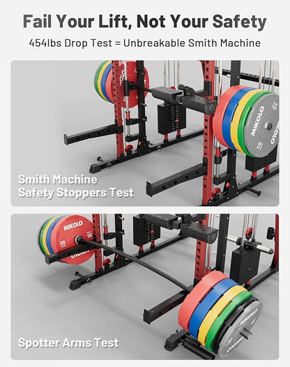Mikolo M4 2.0 Smith Machine, 2200lbs Squat Rack with LAT-Pull Down System & Cable Crossover Machine, Training Equipment with Leg Hold-Down Attachment