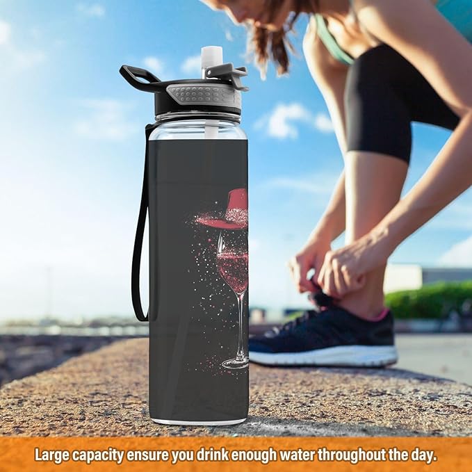 Fustylead Elegant Wine Glass with Red Hat 32 oz Water Bottle with Straw, Leakproof Clear Sport Bottles for Women Men Outdoor Sport Drinking