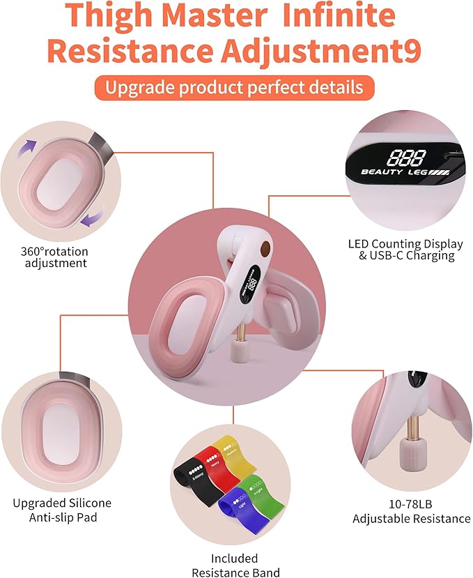 Thigh Master, Kegel Exerciser for Women, Pelvic Floor & Hip Trainer with 5 Resistance Bands, Thigh Glutes and Leg Slimming, Light Pink, Home Fitness Equipment