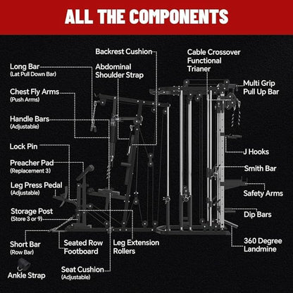 All in One Home Gym System Workout Station, Multi-Function Smithe Machine Power Cage with Cable Crossover System, Tripe-Sided Independent Load Posts, Functional Trainer for Full Body Training
