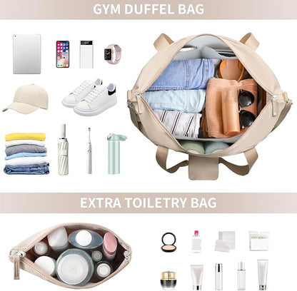 ETRONIK Gym Bag for Women, 45L Carry On Travel Duffel Bag with Shoes Compartment, Weekender Overnight Bag with Wet Pocket & USB Charging Port for Women, Travel, Gym, Weekend, Large Size (Beige)