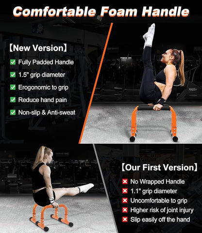 TABEKE Push Up Bar, 12" High Parallettes Bars & Dip Bar With Full-Cover Foam Handles, No Wobbling Calisthenics Equipment For Handstand, L-Sit, Gymnastics, Strength Training Home Gym