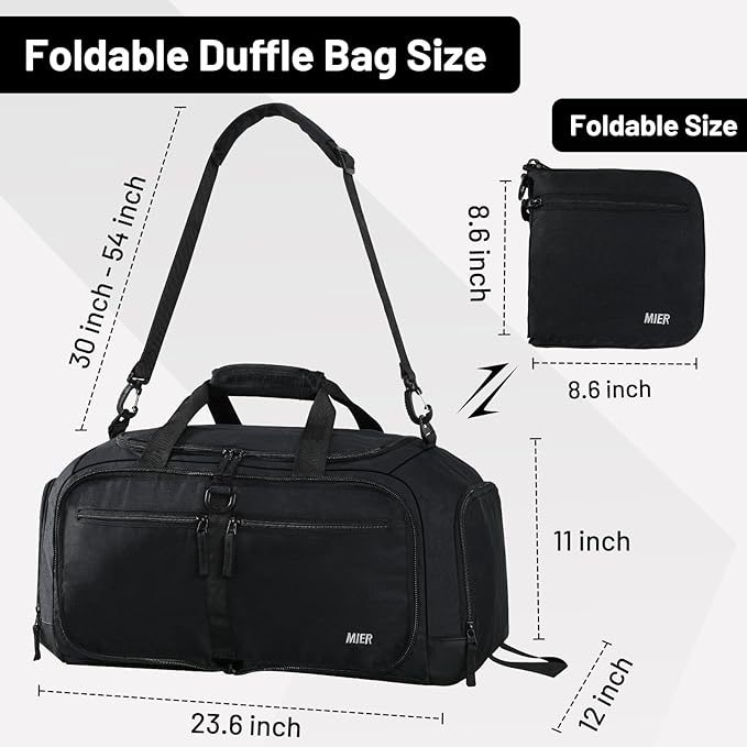 MIER Foldable Duffle Bag with Shoe Compartment 50L Travel Duffel Bags for Men Women Packable Overnight Bag for Camping Gym Weekender, Black