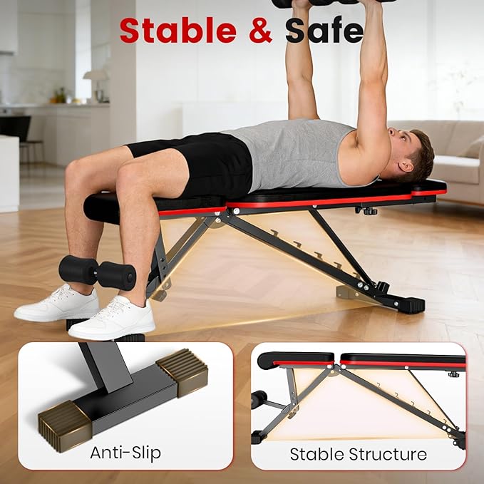 ALSO GO Adjustable Weight Bench, Workout Benches with Leg Extension & Extended Headrest, Foldable Incline Decline Bench Press, Roman Chair, Full Body Strength Training Equipment for Home Gym