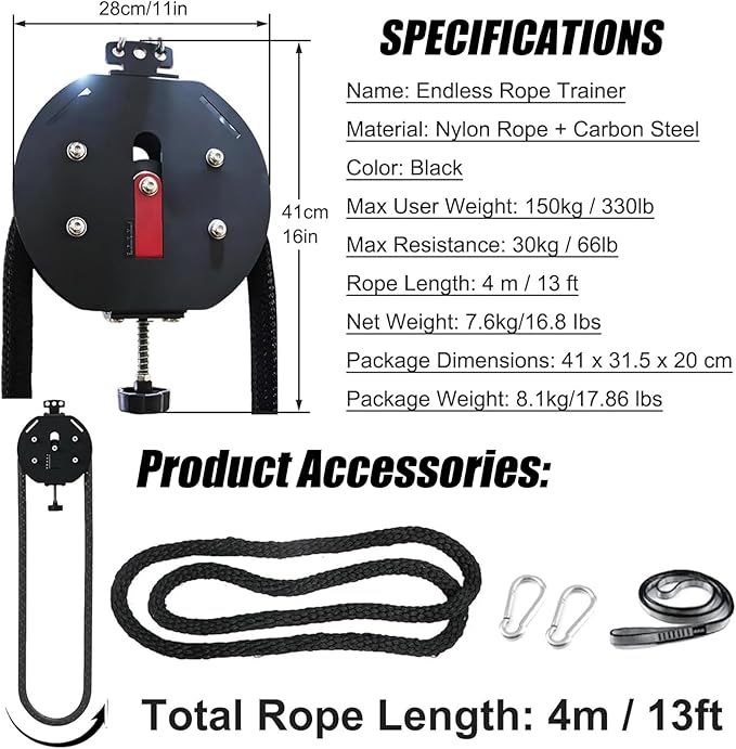 Endless Rope Trainer & Cable Pulley System for Home Gym - Adjustable Resistance Suspension Trainer with Premium Nylon Rope for Full-Body, Arm, Back, and Grip Exercise