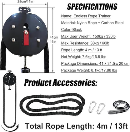 Endless Rope Trainer & Cable Pulley System for Home Gym - Adjustable Resistance Suspension Trainer with Premium Nylon Rope for Full-Body, Arm, Back, and Grip Exercise