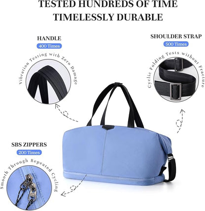 Timeet Expandable Gym Duffel Bag For Women with Yoga Mat Strap, 47L Sports Duffle Bag With Shoes Compartment&Dry Wet Pocket, Water Resistant Carry on Sports Weekend Travel Overnight Bag, Powder Blue