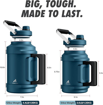 Gallon Water Jug for Outdoors: 2-in-1 Straw Spout Lid, Dual Handle, Leakproof, Keep Cold 48H, 128 oz Insulated Water Bottle for Men, Travel, Gym, Trip, Workout, Camping, Hydration, Fitness (Deepsea)